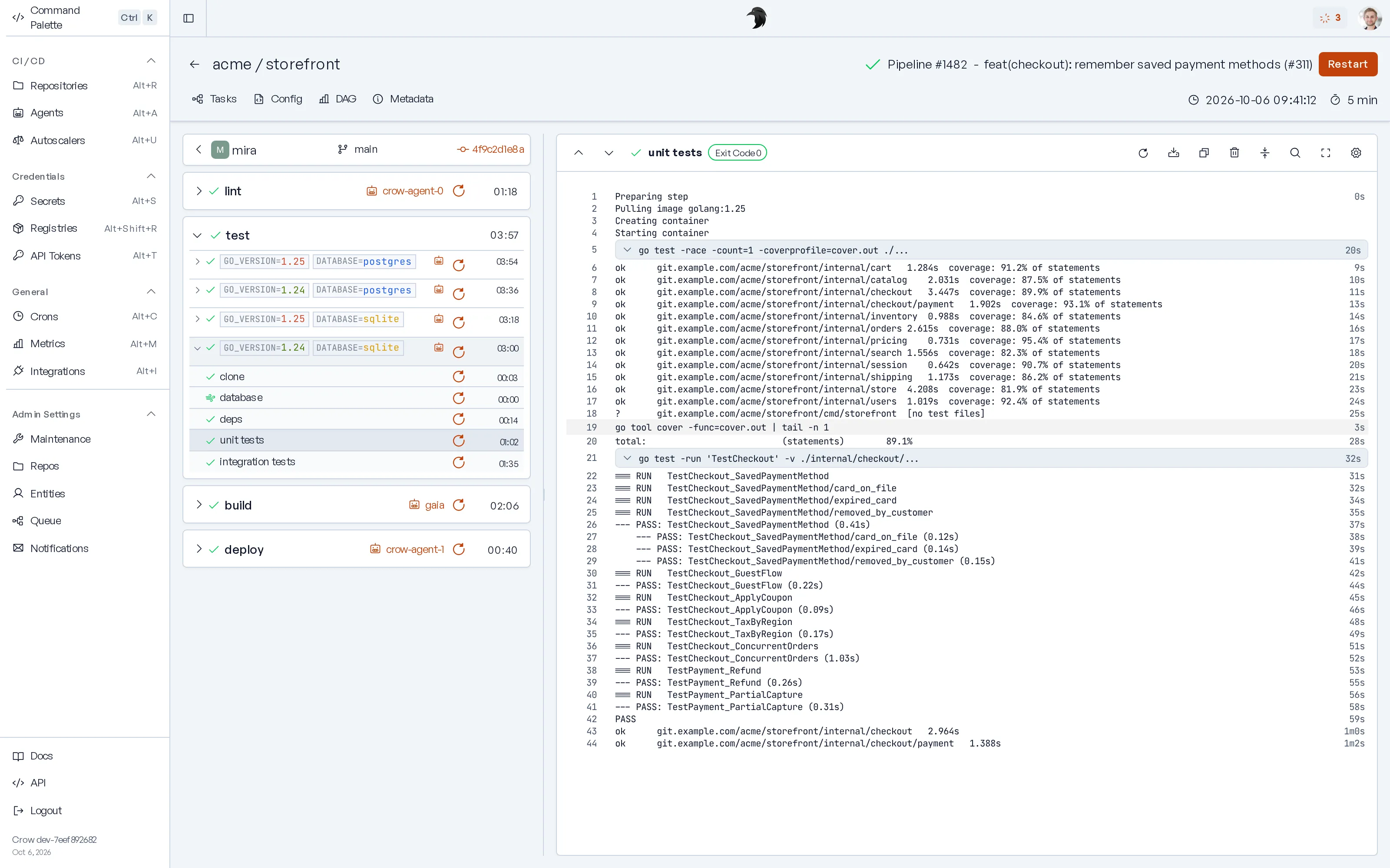 A Crow pipeline with its workflows, steps and live logs